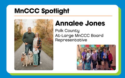 MnCCC Spotlight Annalee Jones, Polk County, At-Large MnCCC Board Representative. A photo of Annalee posing with her family on a road in autumn is on the left, with a group of 6 women posing on a street on the bottom right. The design features a blue background with a white box, and decorate green and orange additions..